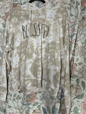 Rae Dunn 'Blessed' Tie-Dye Hoodie in Beige and White
